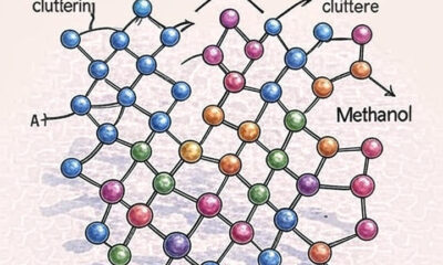 Colorful schematic of HCOOCH CH2 H2O reaction showing methyl formate breaking down into formic acid and methanol with water molecules