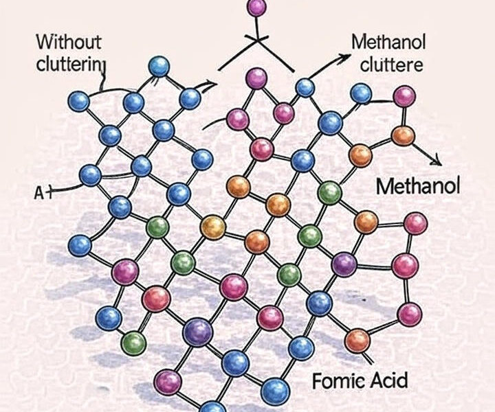 Colorful schematic of HCOOCH CH2 H2O reaction showing methyl formate breaking down into formic acid and methanol with water molecules