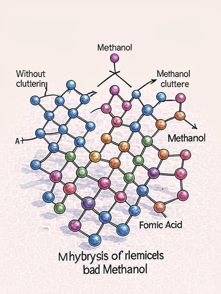 Colorful schematic of HCOOCH CH2 H2O reaction showing methyl formate breaking down into formic acid and methanol with water molecules